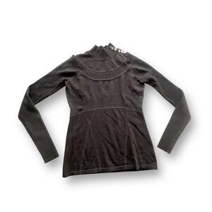 Karen Miller Black Ruffle Gold Button Mockneck Wool Sweater Women’s Size 2 Small